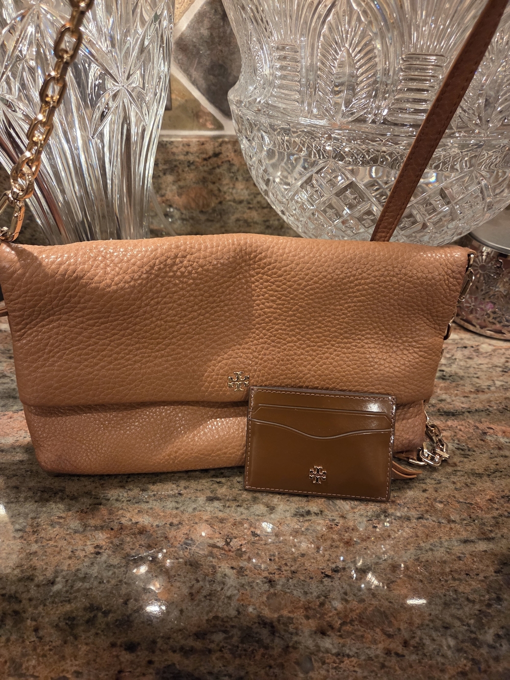 Tory Burch Tan Leather Fold-Over Crossbody Bag with Card Case